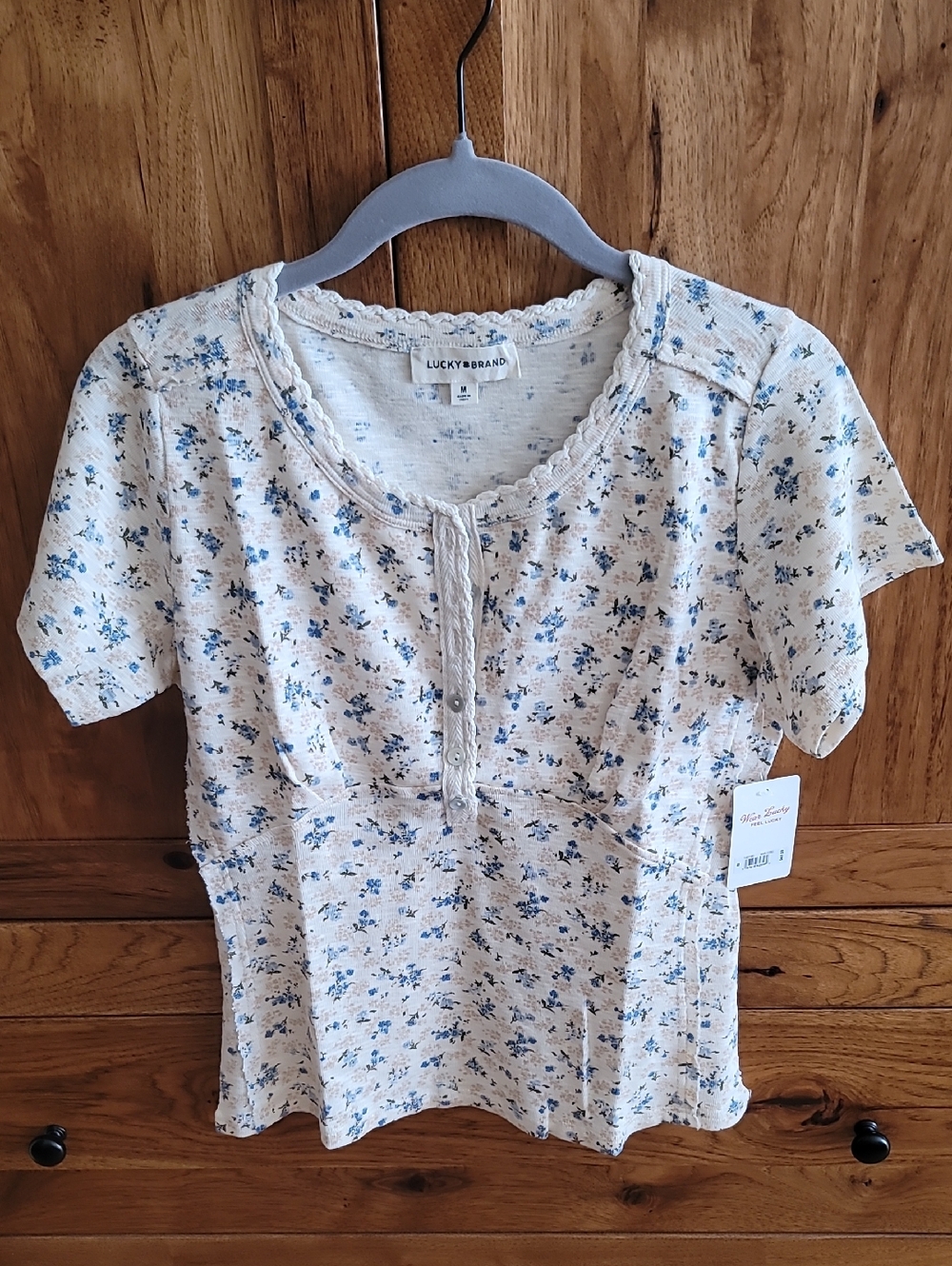 Lucky Brand Cream and Blue Floral Lace-Trim Henley